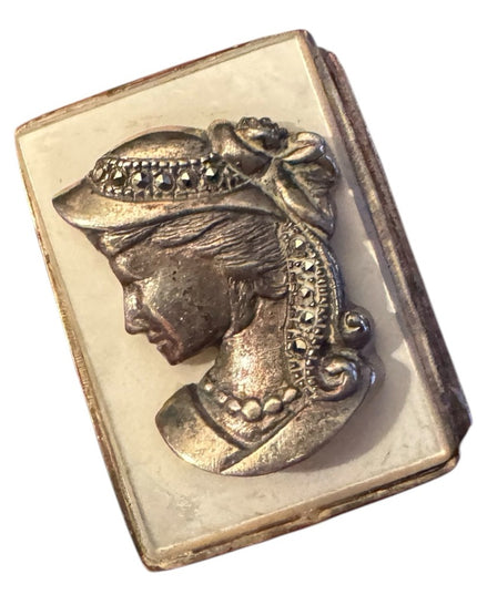 Antique Art Nouveau Ladies Sterling Silver Marcasites MOP Pill Snuff Box