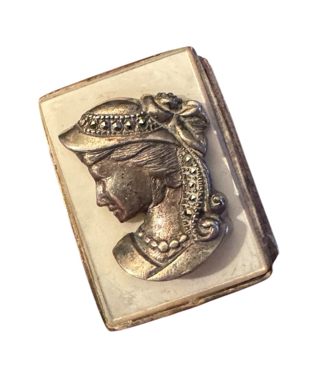 Antique Art Nouveau Ladies Sterling Silver Marcasites MOP Pill Snuff Box
