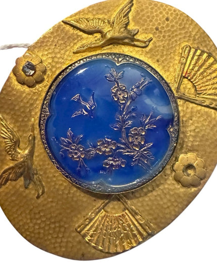 Antique Art Nouveau Gold and Blue Glass Belt Buckle with Bird and Floral Design