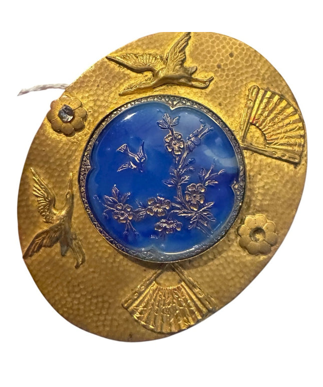 Antique Art Nouveau Gold and Blue Glass Belt Buckle with Bird and Floral Design