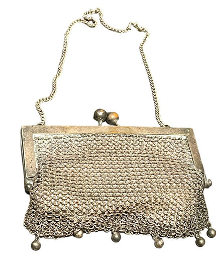 Antique Art Deco Flapper coin purse wristlet Silver metal mesh purse chainmail