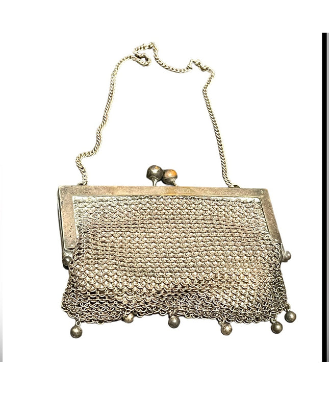 Antique Art Deco Flapper coin purse wristlet Silver metal mesh purse chainmail