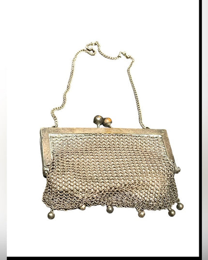 Antique Art Deco Flapper coin purse wristlet Silver metal mesh purse chainmail
