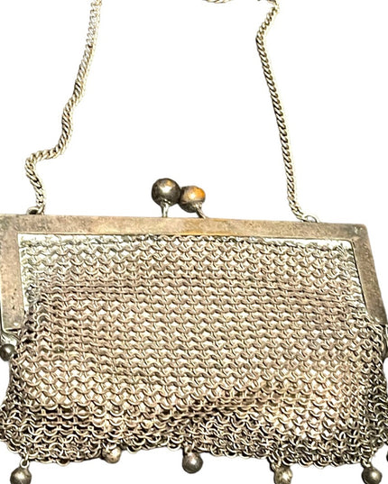 Antique Art Deco Flapper coin purse wristlet Silver metal mesh purse chainmail