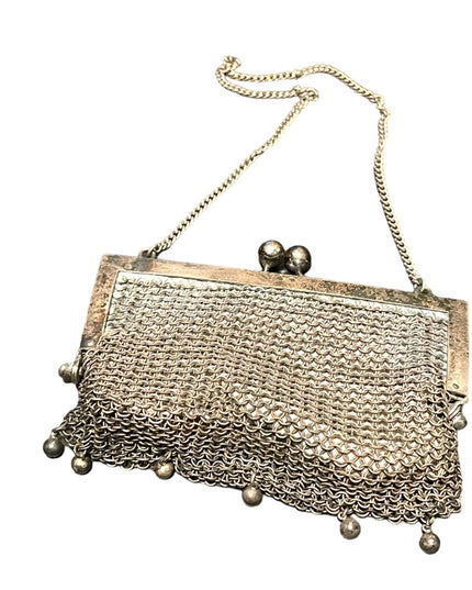 Antique Art Deco Flapper coin purse wristlet Silver metal mesh purse chainmail