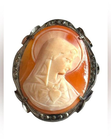 Antique Art Deco sterling silver marcasite Mother Mary shell cameo brooch carved