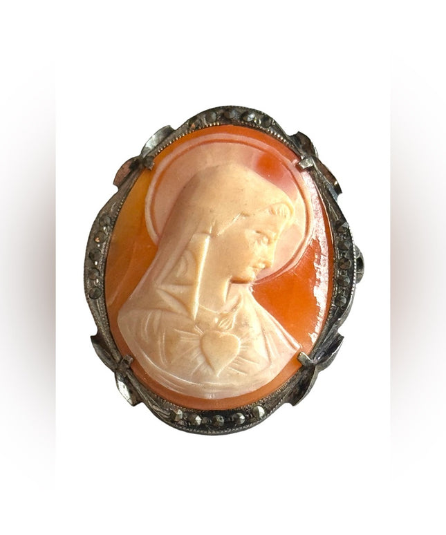 Antique Art Deco sterling silver marcasite Mother Mary shell cameo brooch carved