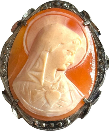Antique Art Deco sterling silver marcasite Mother Mary shell cameo brooch carved
