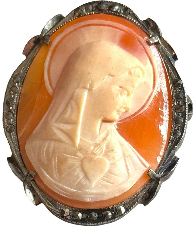 Antique Art Deco sterling silver marcasite Mother Mary shell cameo brooch carved