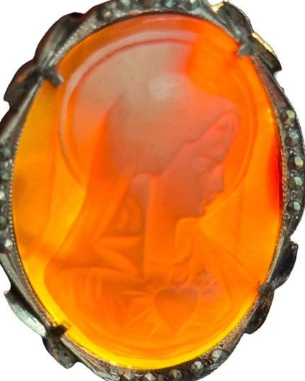 Antique Art Deco sterling silver marcasite Mother Mary shell cameo brooch carved