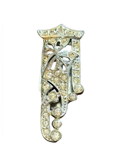 Vintage aged mid century rhinestone pot metal fur clip silver finish