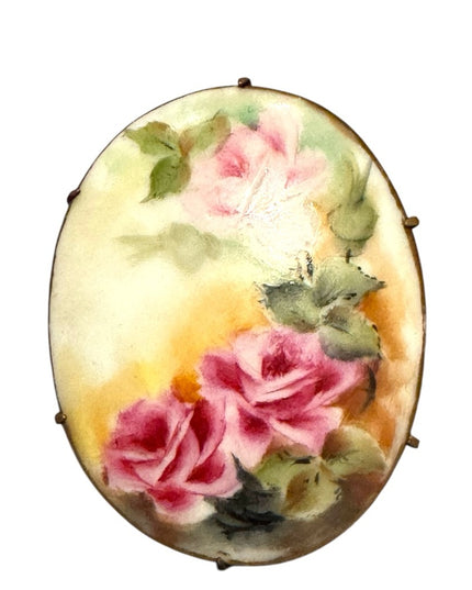 LG Antique Ceramic hand painted Flowers Floral Brooch with Pink Roses