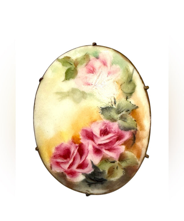 LG Antique Ceramic hand painted Flowers Floral Brooch with Pink Roses