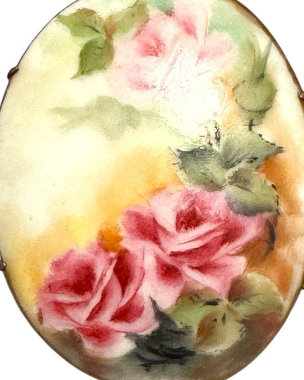 LG Antique Ceramic hand painted Flowers Floral Brooch with Pink Roses