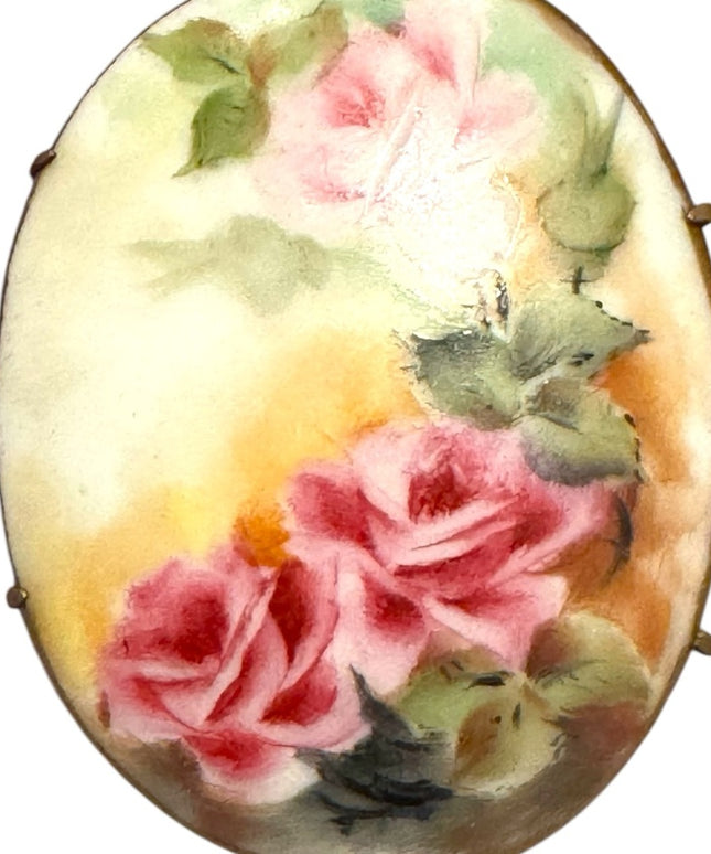 LG Antique Ceramic hand painted Flowers Floral Brooch with Pink Roses