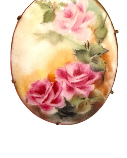 LG Antique Ceramic hand painted Flowers Floral Brooch with Pink Roses