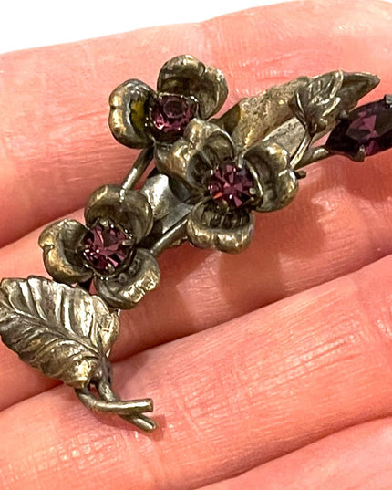 Victorian Antique Austria flower purple crystal brooch silver finish