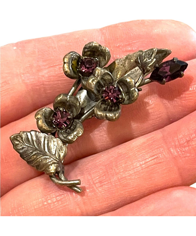 Victorian Antique Austria flower purple crystal brooch silver finish