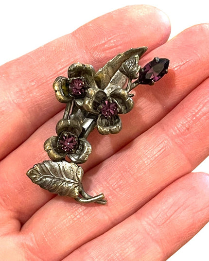 Victorian Antique Austria flower purple crystal brooch silver finish