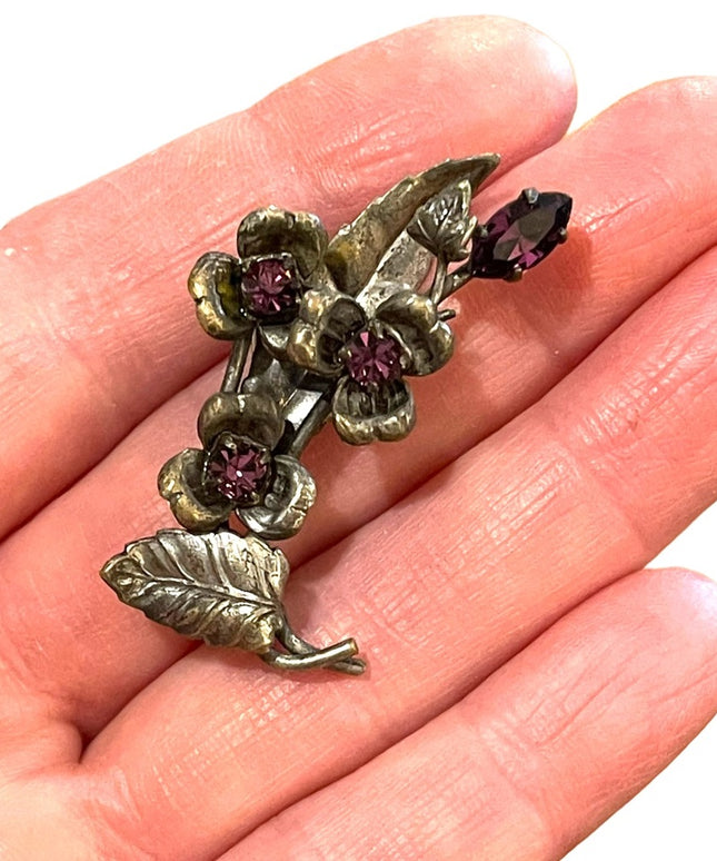 Victorian Antique Austria flower purple crystal brooch silver finish