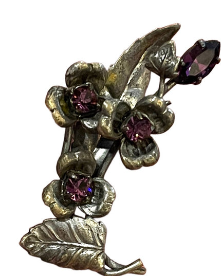 Victorian Antique Austria flower purple crystal brooch silver finish