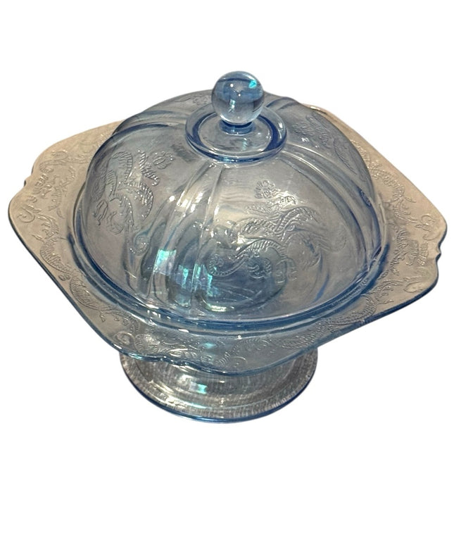 Elegant Blue Depression Glass Serving Dish with lid butter candy