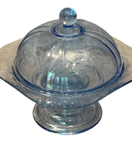 Elegant Blue Depression Glass Serving Dish with lid butter candy