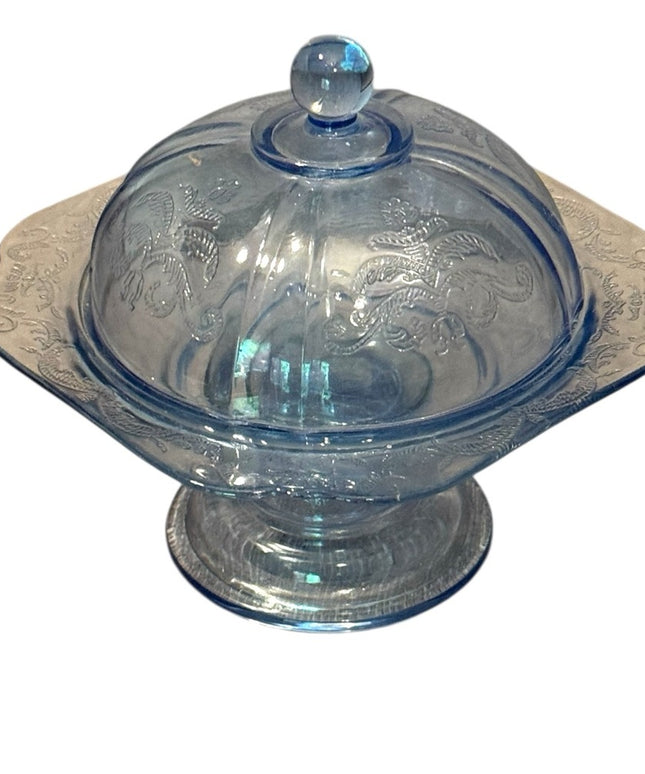 Elegant Blue Depression Glass Serving Dish with lid butter candy