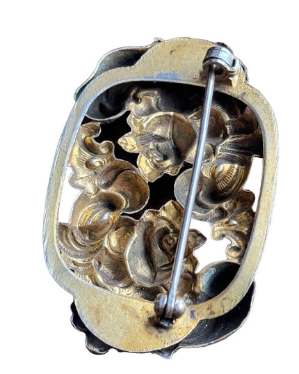Antique brassy finish pinchbeck roses flower scrolled design brooch