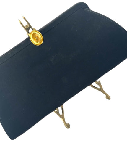 Stunning 1940s Black clutch purse with gold hardware snap close wrist strap