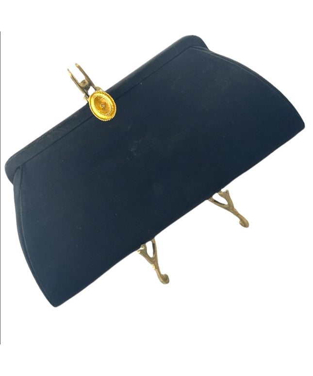 Stunning 1940s Black clutch purse with gold hardware snap close wrist strap