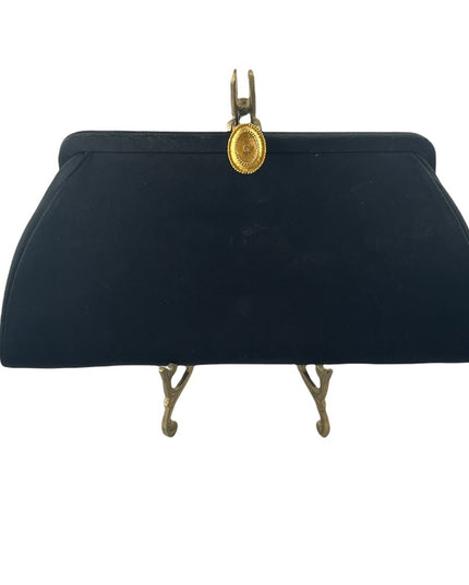 Stunning 1940s Black clutch purse with gold hardware snap close wrist strap