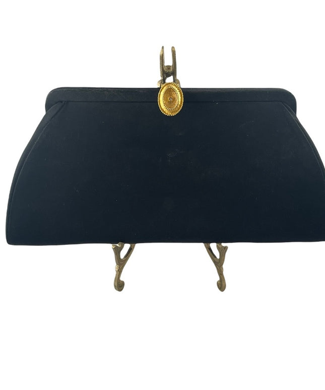 Stunning 1940s Black clutch purse with gold hardware snap close wrist strap