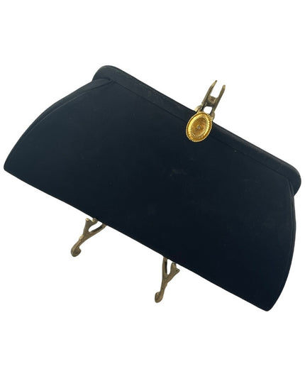 Stunning 1940s Black clutch purse with gold hardware snap close wrist strap