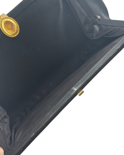 Stunning 1940s Black clutch purse with gold hardware snap close wrist strap