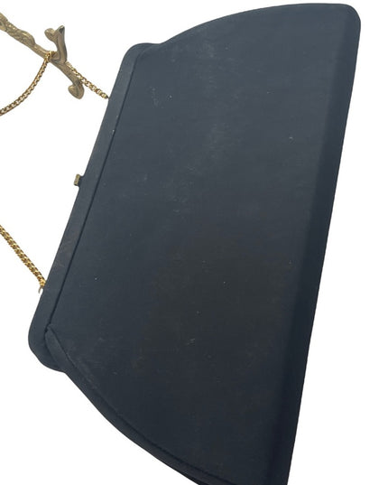 Stunning 1940s Black clutch purse with gold hardware snap close wrist strap