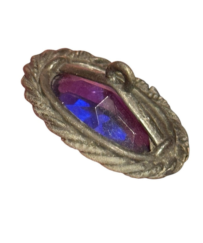 Antique Victorian 1800s Metal Silver Purple paste glass Button