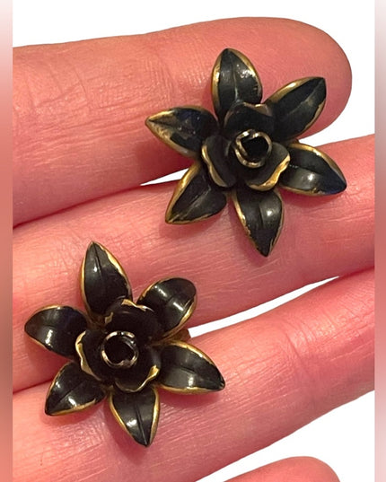 Antique Art deco 1920s brass black painted mourning flower screw back earrings