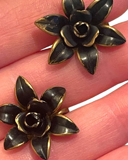 Antique Art deco 1920s brass black painted mourning flower screw back earrings