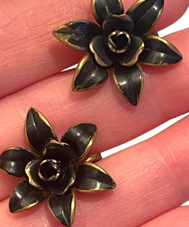 Antique Art deco 1920s brass black painted mourning flower screw back earrings