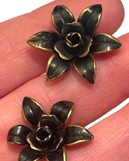 Antique Art deco 1920s brass black painted mourning flower screw back earrings