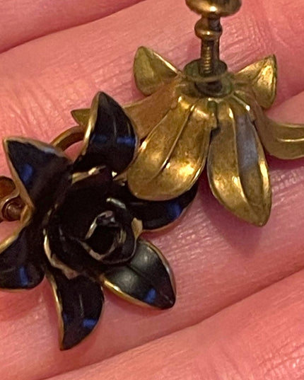 Antique Art deco 1920s brass black painted mourning flower screw back earrings