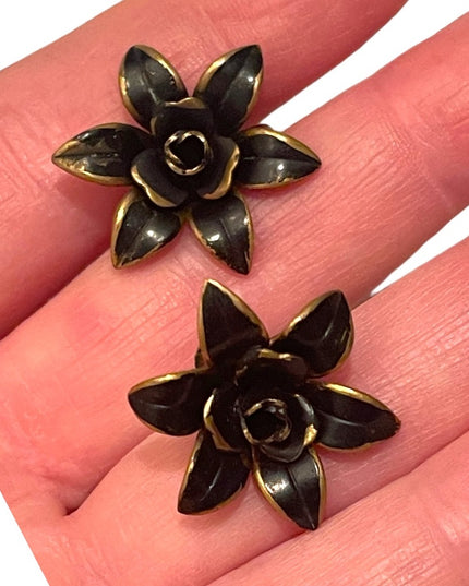 Antique Art deco 1920s brass black painted mourning flower screw back earrings
