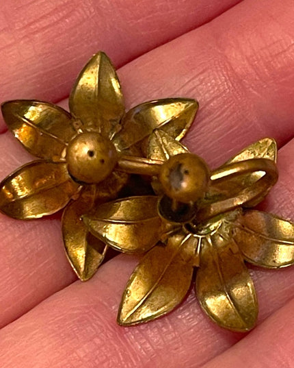 Antique Art deco 1920s brass black painted mourning flower screw back earrings