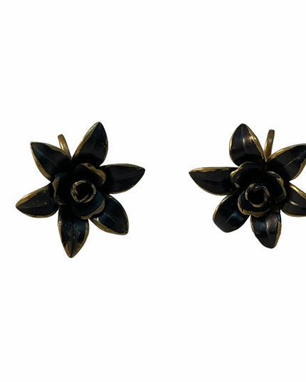 Antique Art deco 1920s brass black painted mourning flower screw back earrings