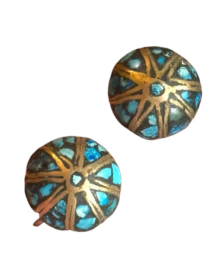 Antique Turquoise mosaic domed Tibetan Alpaca screw back earrings