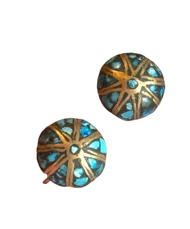 Antique Turquoise mosaic domed Tibetan Alpaca screw back earrings