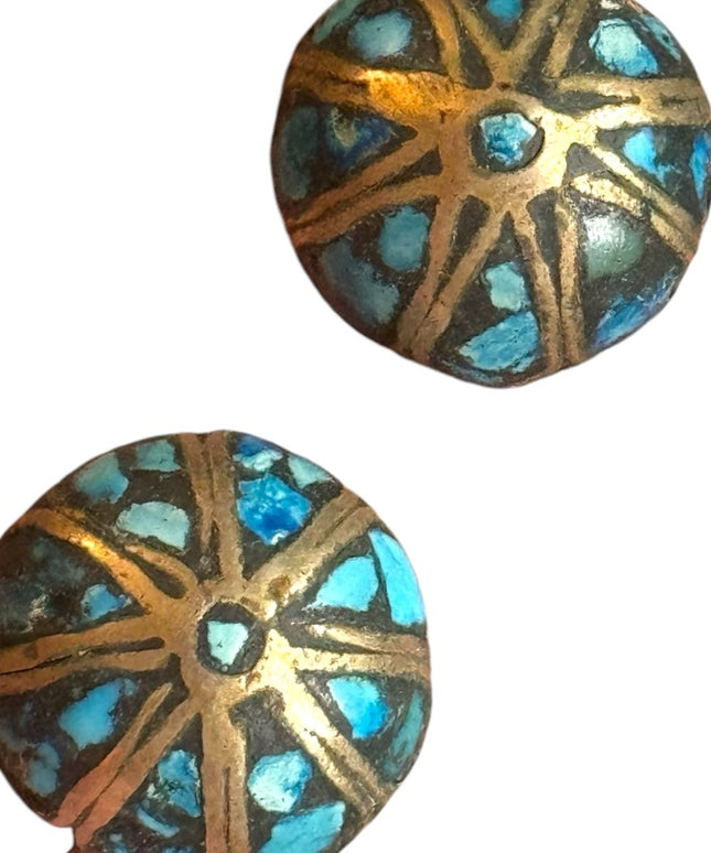 Antique Turquoise mosaic domed Tibetan Alpaca screw back earrings