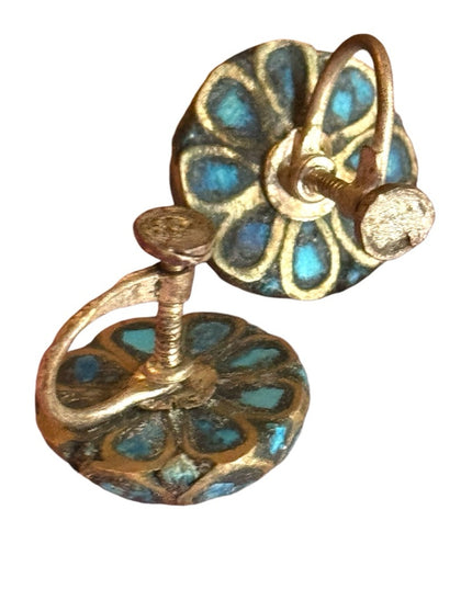 Antique Turquoise mosaic domed Tibetan Alpaca screw back earrings