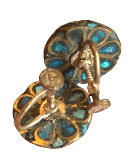 Antique Turquoise mosaic domed Tibetan Alpaca screw back earrings